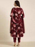 Women Anarkali Maroon Floral Kurta and Trousers Set Comes With Dupatta-BC-SK-1918-Maroon