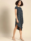 Asymmetric one side cowl Dress in Navy Print