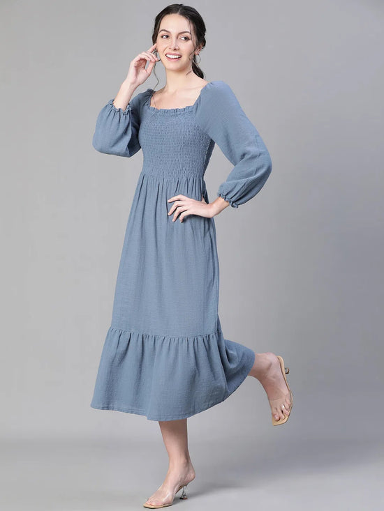 Women Round Neck Long Sleeve Blue  Flared Long Cotton Dress-S23315WDR002