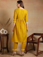 Ahika Women Yellow Silk Blend Embroidered A-Line Kurta Pant Set