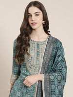 Women Teal Floral Kurta Set-GW-3396-Teal