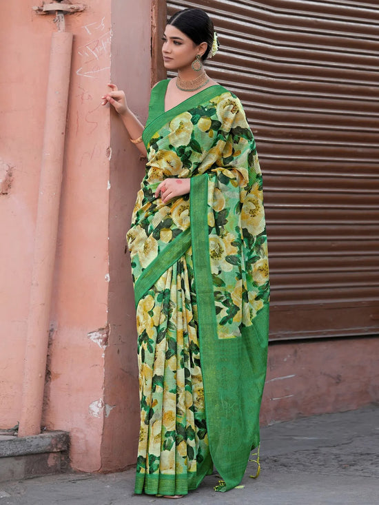 Saree Mall Women's Linen Blend Green Printed Designer Saree With Blouse Piece-NITRA306