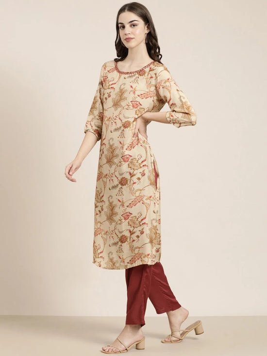 Women Beige Floral Kurta Set-DW-3566-Beige