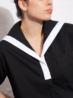 Women Black Poplin Sailor Collar Crop Top