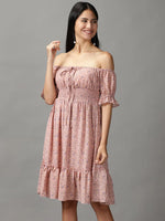 Women's Pink Floral Fit and Flare Dress-HQ-12-Peach