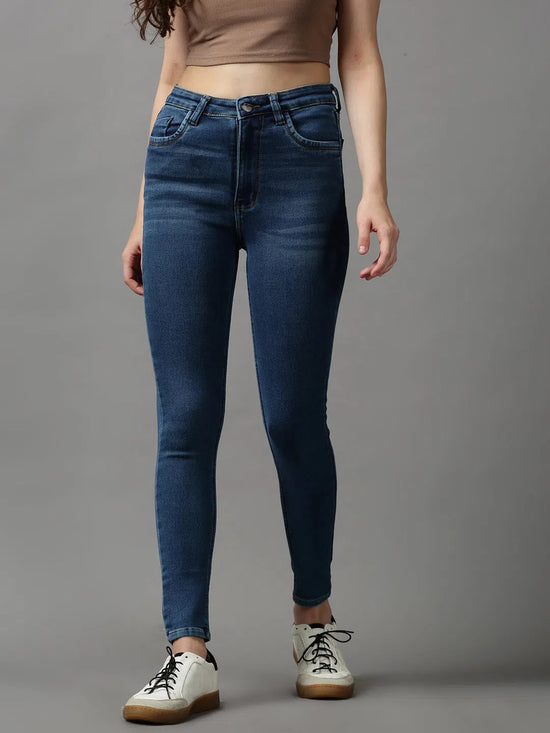 Women's Blue Solid Skinny Fit Denim Jeans-GZ-5287-2-Blue