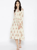 Midi dress with ikat print and balloon sleeve in Off White