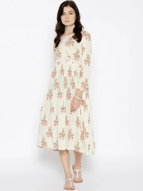 Midi dress with ikat print and balloon sleeve in Off White