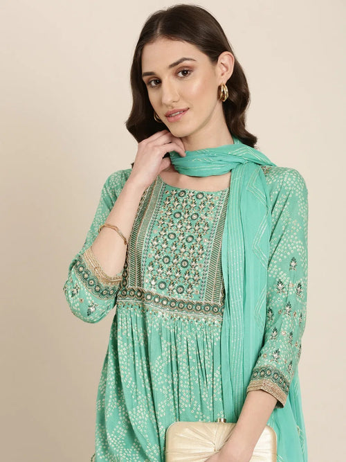 Women Green Printed Kurta Set-GW-3409-Green