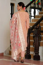 Vaasva Women Peach Tissue Brocade Embroidered Kurta With Scalloped Pant & Dupatta-129-Vaas-Peach