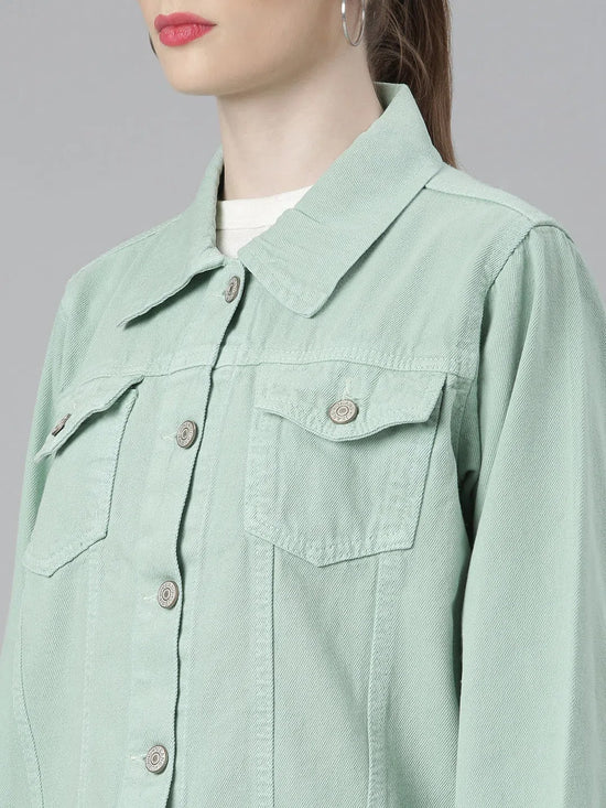 Women Sea Green Solid Denim Jacket-GZ-5598-1-Seagreen