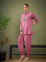 Women Pink Sleeves & Collar Embroidered Shirt With Cuff Pants