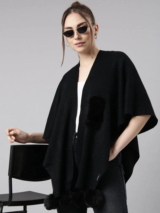 Women Solid Black Regular Front-Open Poncho-CHN-9904-Black