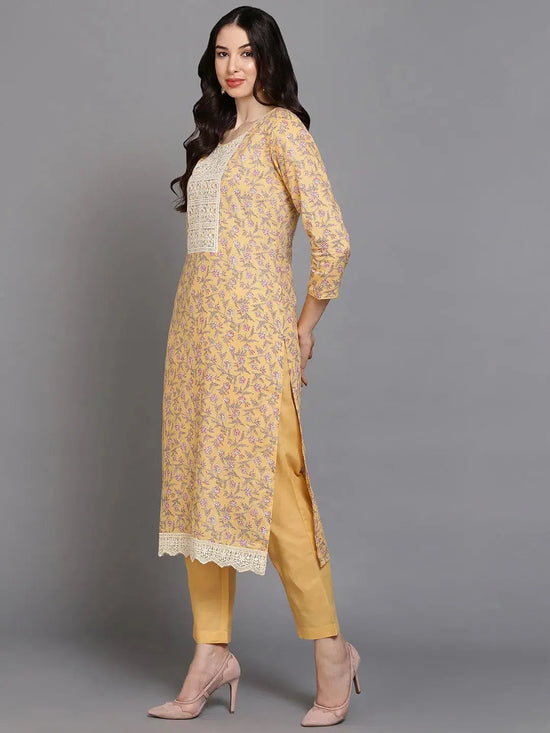 Ahika Women Yellow Cotton Blend Embroidered Straight Kurta Pant Set