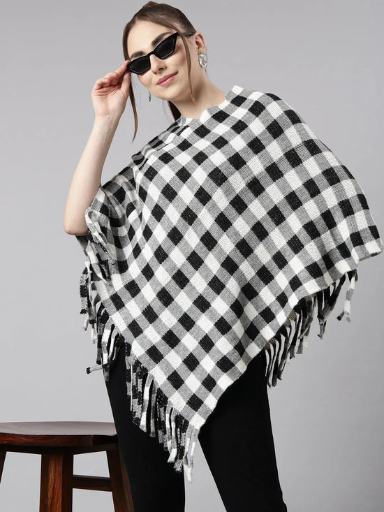 Women Checked Grey Longline Poncho-CHN-9981-Grey