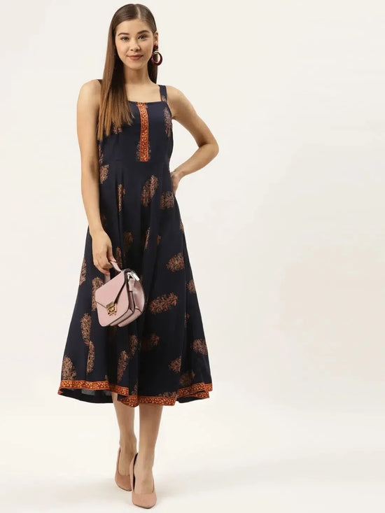 Shoulder strap flared midi dress in navy