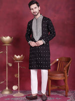 Men's Sequins Embroidered Kurta Pyjama Set.-JOKP-5019Black