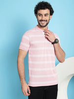 Venitian Men Henley Neck Striped Cotton Pink T-Shirt