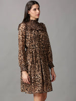 Women's Brown Printed Fit and Flare Dress-HQ-1-Brown