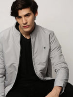 Men Grey Solid Casual Bomber Jackets-ZD-3500-Grey