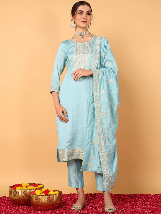 Ahika Women Turquoise Blue Silk Blend Solid Embroidered Straight Suit Set