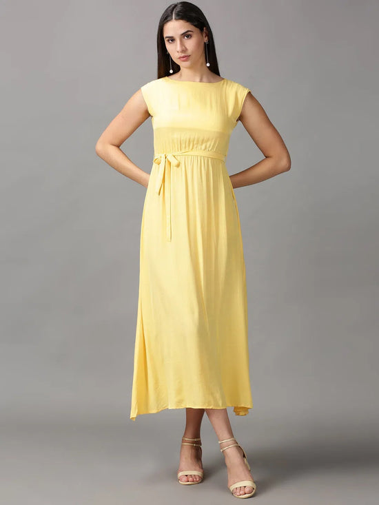 Women's Yellow Solid Fit and Flare Dress-AE-15689-Yellow