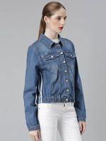 Women Blue Solid Denim Jacket-IM-10478A-Blue