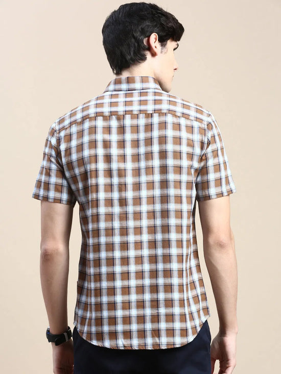 Men Khaki Checked Casual Shirt-ALMACHECKS-87-Khaki