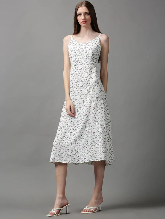 Women's White Printed A-Line Dress-AE-15056-White