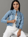 Women's Blue Solid Denim Jacket-AE-9507-Blue