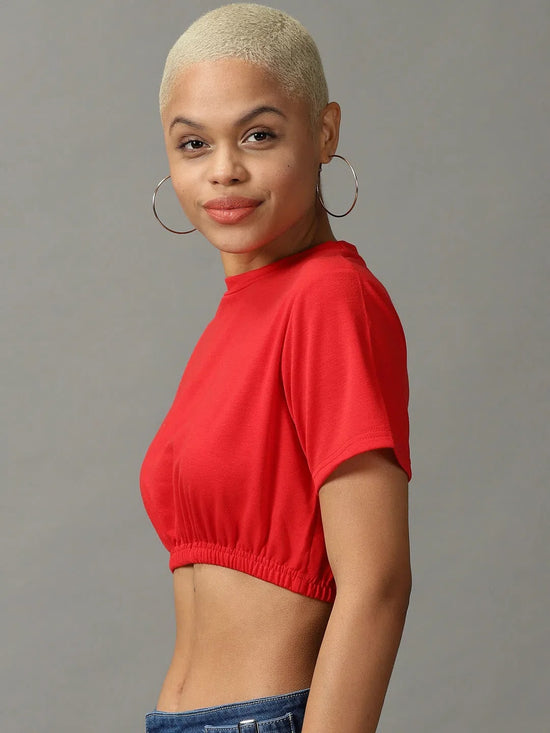 Women's Red Solid Cinched Waist Crop Top-AE-10504-Red