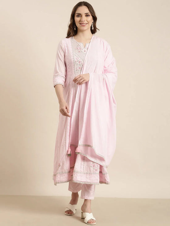 Women Anarkali Pink Floral Kurta and Trousers Set Comes With Dupatta-RJF-2197-Pink