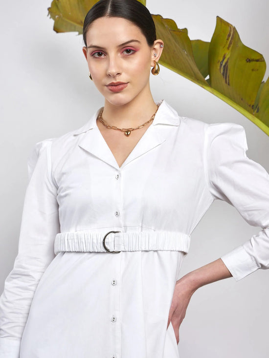 Women White Poplin Ruched Belted Shirt Dress