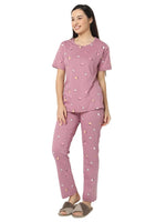 Smarty Pants Women's Cotton Lycra Rose Pink Color Floral Print Night Suit