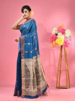 Sapphire Blue Cotton Blend Handwoven Saree With Jute Weaving Pallu-MA51BCT431930031