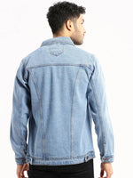 Men Blue Spread Collar Solid Denim Jacket-IB-DJ-07-1-Blue