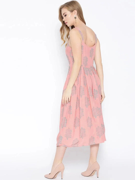 Strappy Box pleate Midi dress with front buttons in Dusty Pink