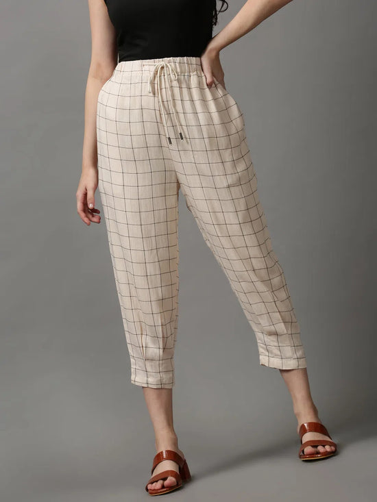 Women's Cream Checked Trouser-AE-10407-Cream