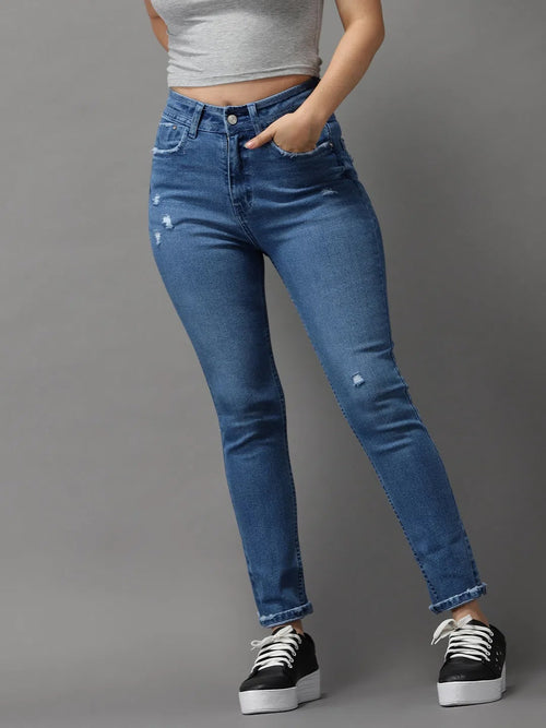 Women's Blue Solid Slim Fit Denim Jeans-GZ-5178-Blue