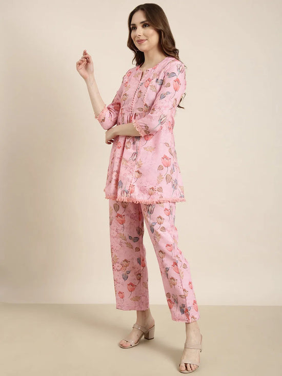 Women Pink Printed Tunic & Palazzos Set-ON-764-Pink