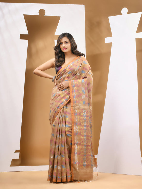 Dark Beige Cotton Blend Handwoven Saree With Paisey Motifs-MA53BCT041400062