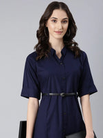 Women Navy Blue Solid Shirt Dress-DF-1439-Navyblue