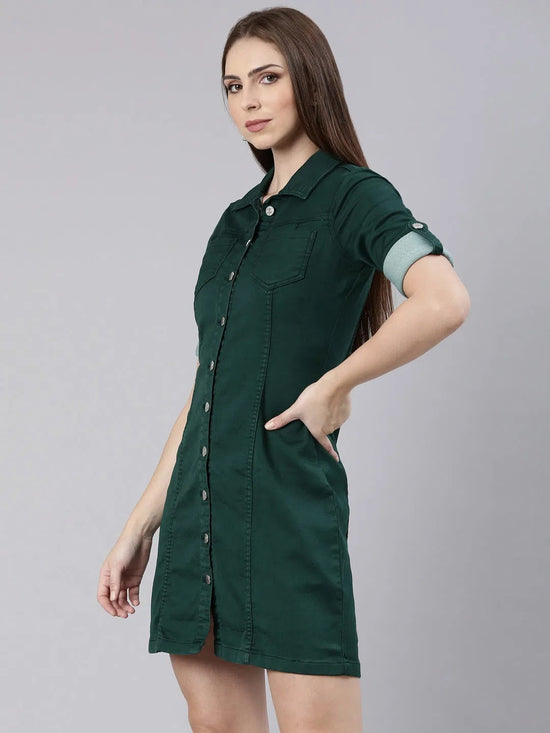 Women Green Solid Shirt Dress-LT-10175-Green