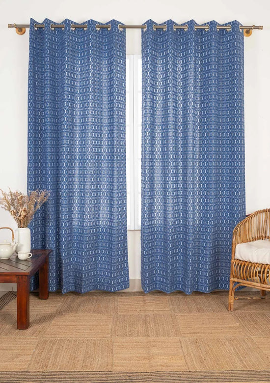 Meadows 100% cotton geometric curtain for bed room - Room darkening - Indigo - Single - Pack of 1-2404210014