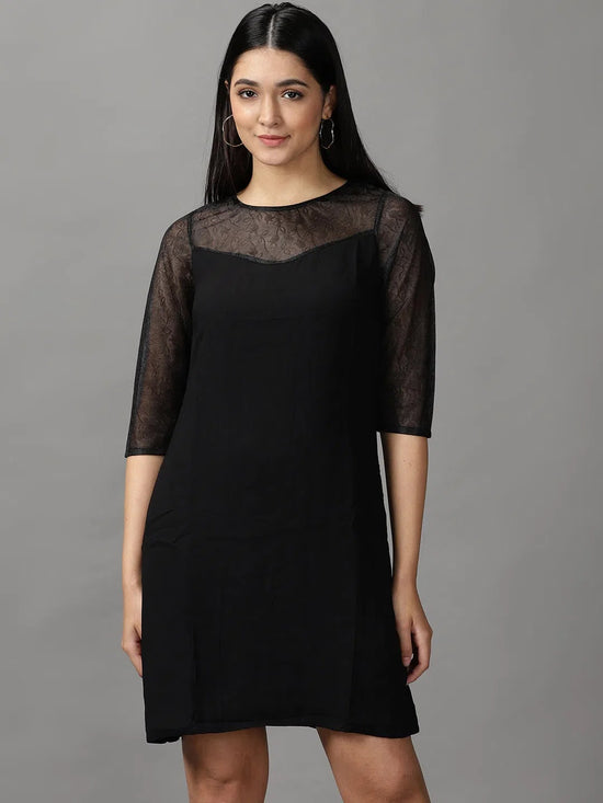 Women's Black Solid A-Line Dress-DQ-16-624-Black