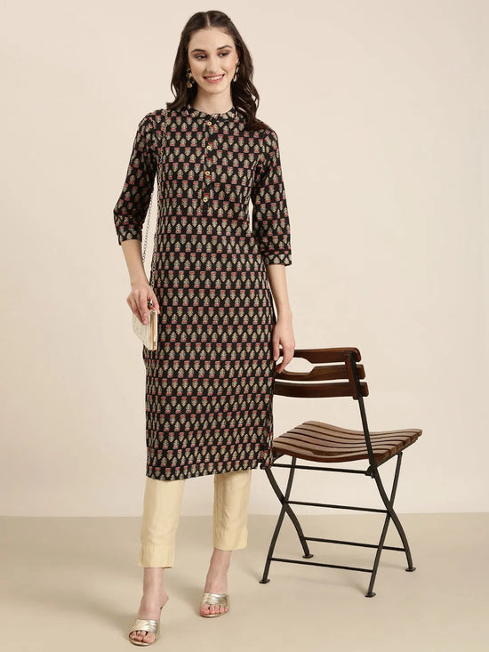 Women Black Floral Straight Kurta-RJF-025-Black