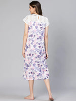 Sheer Multicolor Floral Print Laced Women Cotton Nightwear Dress