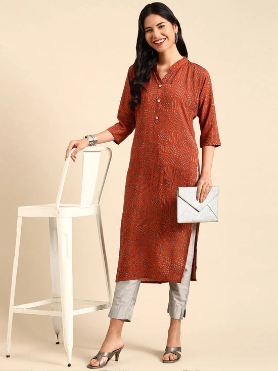 Women's Orange Printed Straight Kurta-GW-500-T-Rust