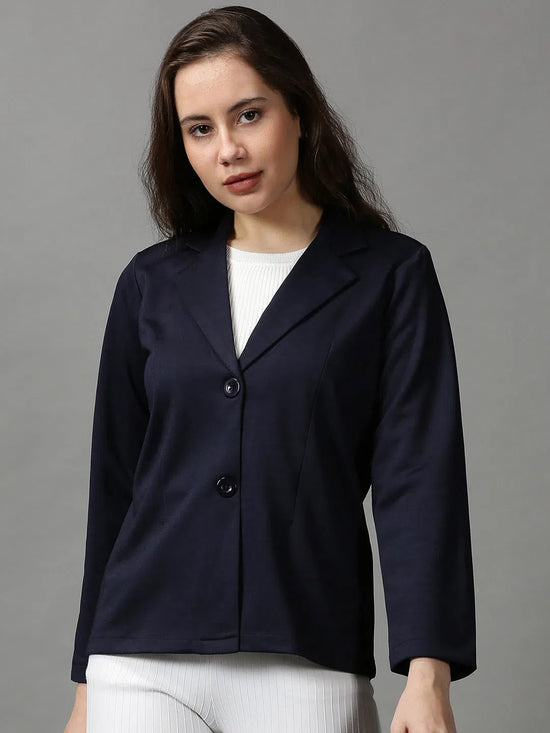 Women's Navy Blue Solid Open Front Blazer-AE-31042-Navyblue