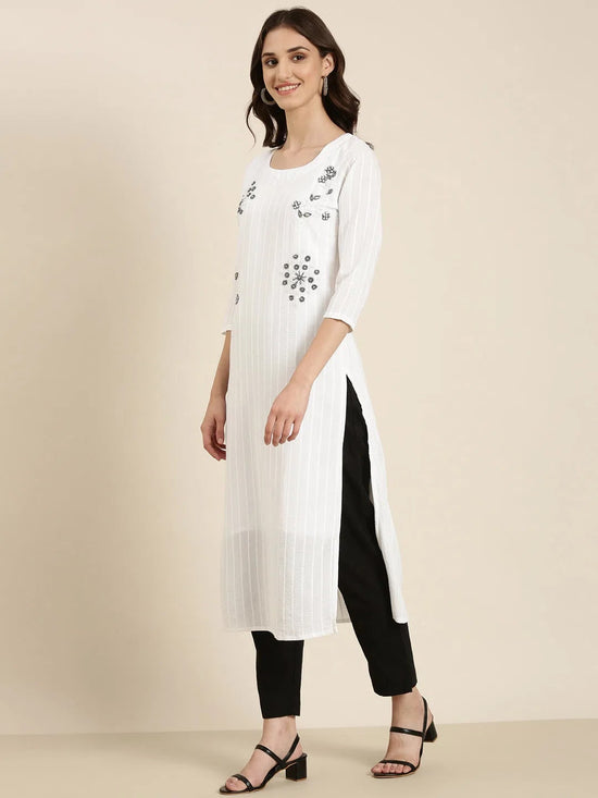 Women White Embellished Straight Kurta-SKC-1142-White